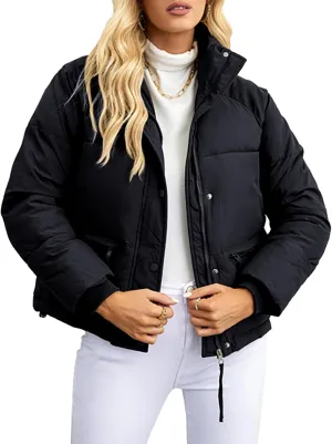 Arssm Womens Zip Up Stand Collar Crop Puffer Jacket Winter Warm Padded Coat Down Jacket Outerwear