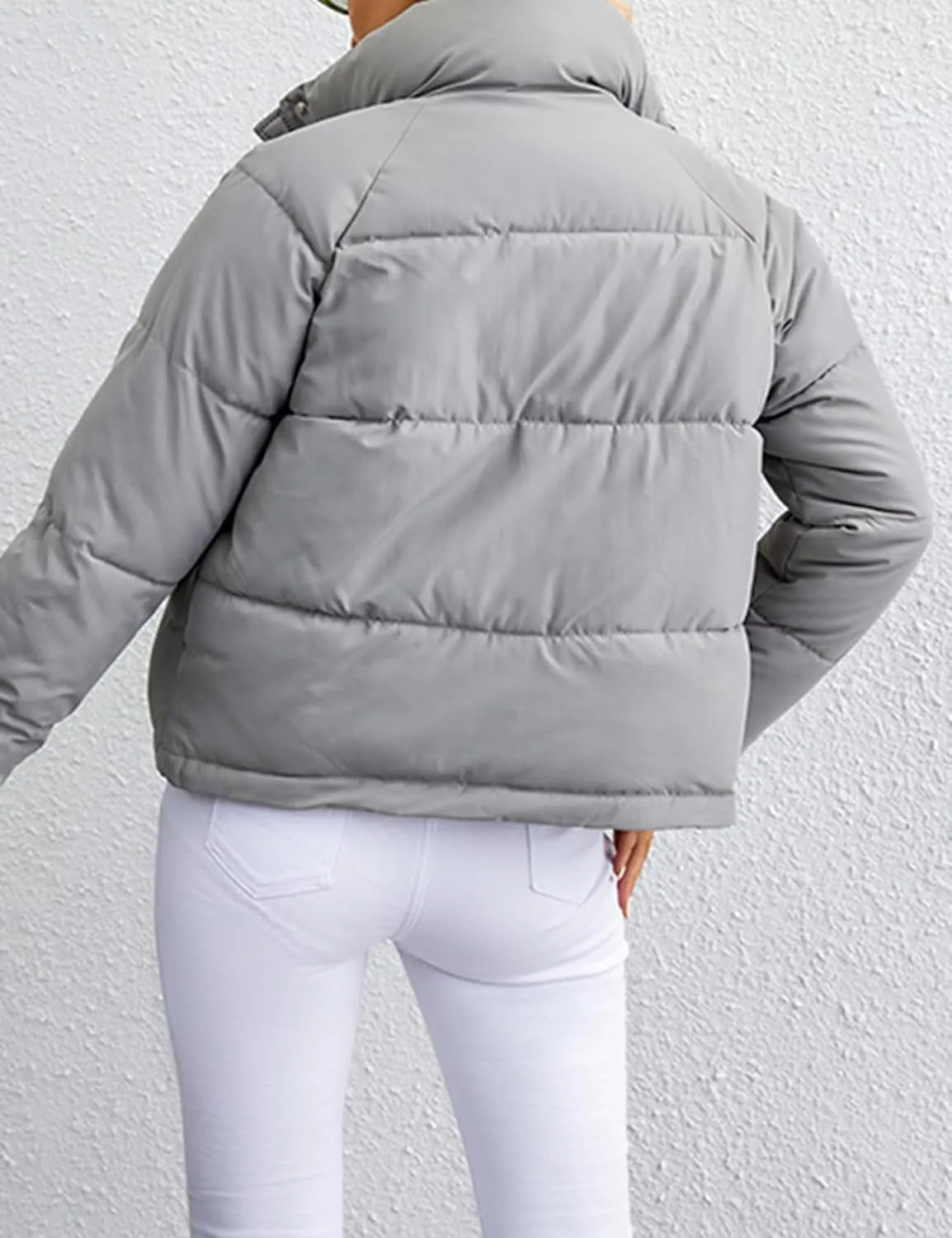 Arssm Womens Zip Up Stand Collar Crop Puffer Jacket Winter Warm Padded Coat Down Jacket Outerwear