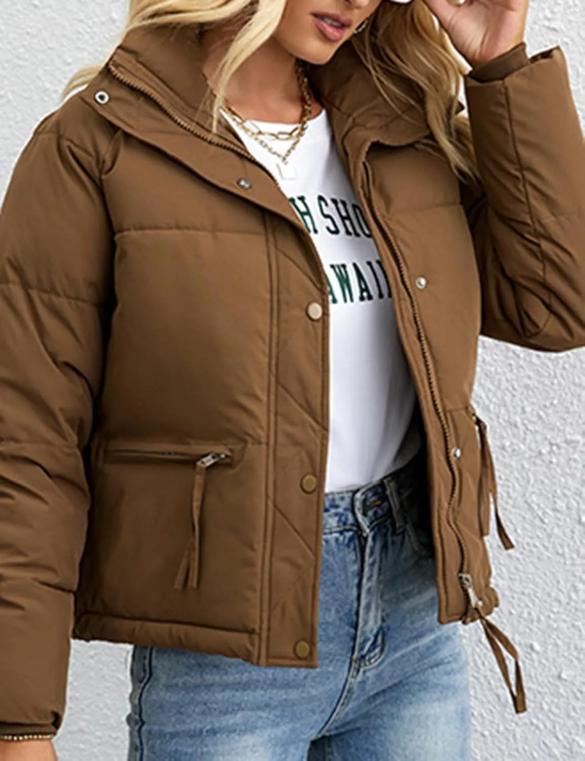 Arssm Womens Zip Up Stand Collar Crop Puffer Jacket Winter Warm Padded Coat Down Jacket Outerwear
