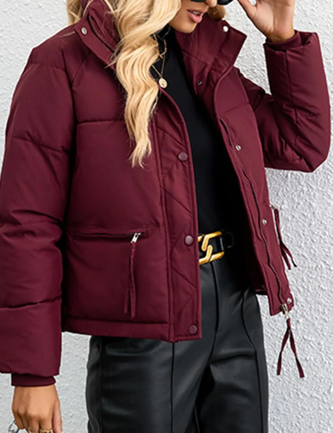 Arssm Womens Zip Up Stand Collar Crop Puffer Jacket Winter Warm Padded Coat Down Jacket Outerwear