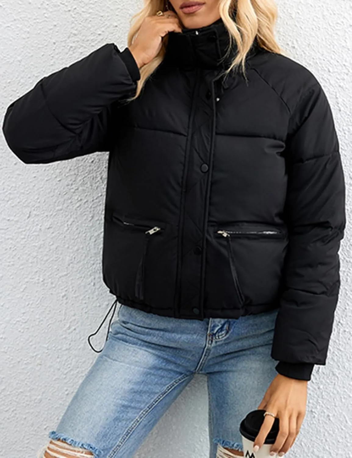 Arssm Womens Zip Up Stand Collar Crop Puffer Jacket Winter Warm Padded Coat Down Jacket Outerwear