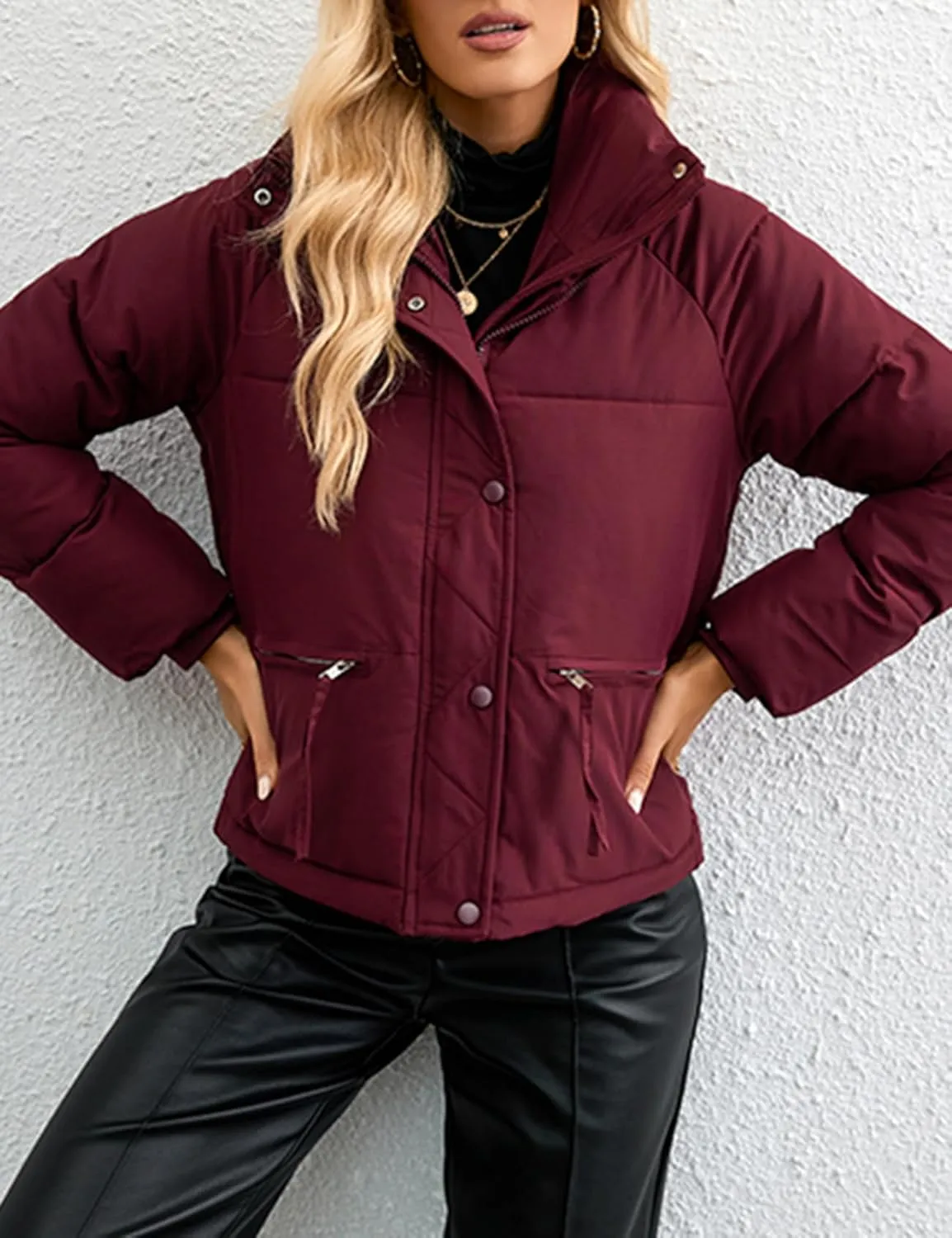 Arssm Womens Zip Up Stand Collar Crop Puffer Jacket Winter Warm Padded Coat Down Jacket Outerwear