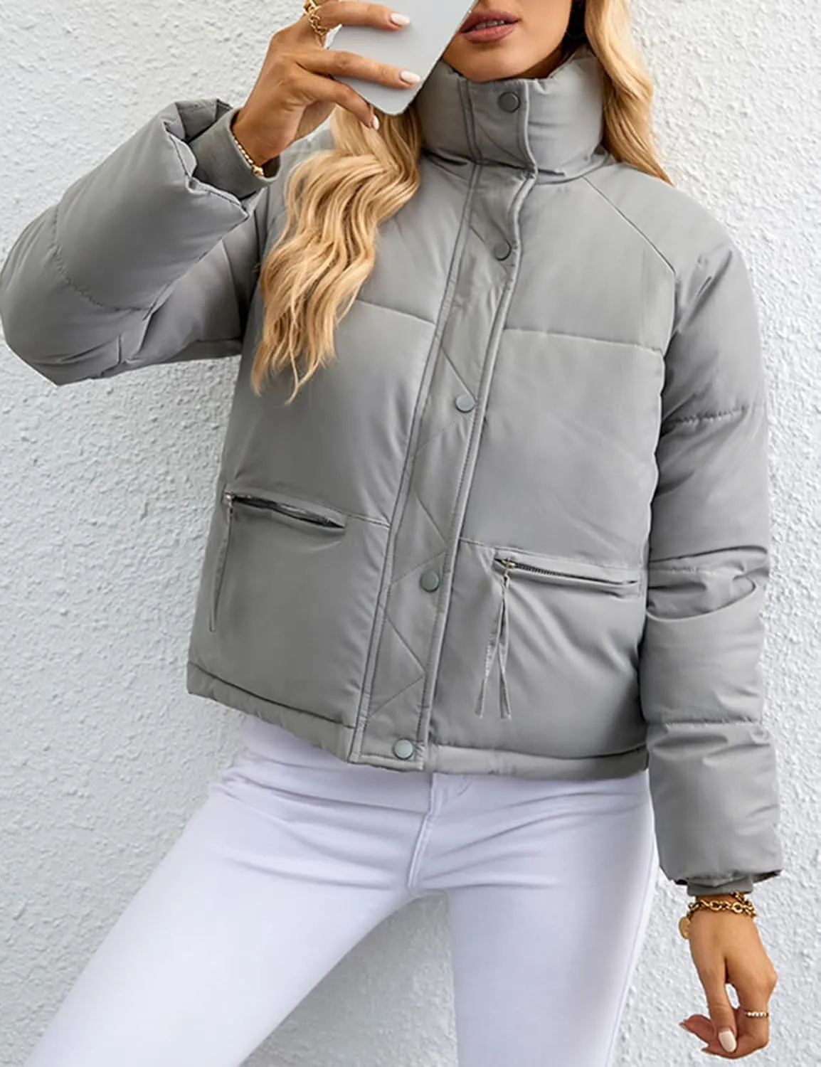 Arssm Womens Zip Up Stand Collar Crop Puffer Jacket Winter Warm Padded Coat Down Jacket Outerwear