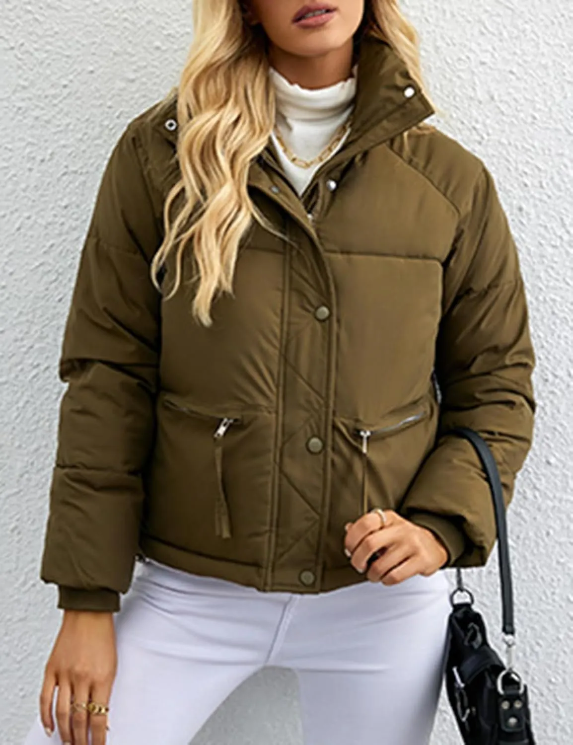 Arssm Womens Zip Up Stand Collar Crop Puffer Jacket Winter Warm Padded Coat Down Jacket Outerwear