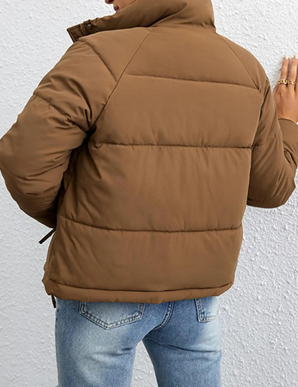 Arssm Womens Zip Up Stand Collar Crop Puffer Jacket Winter Warm Padded Coat Down Jacket Outerwear