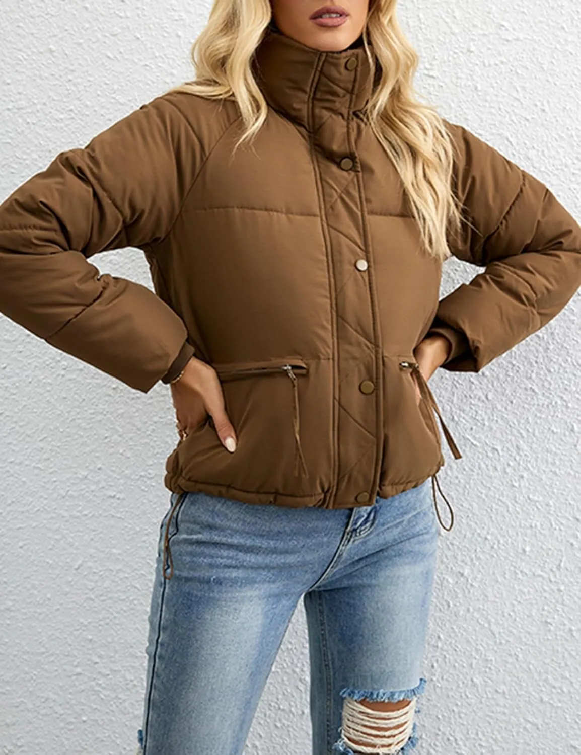 Arssm Womens Zip Up Stand Collar Crop Puffer Jacket Winter Warm Padded Coat Down Jacket Outerwear