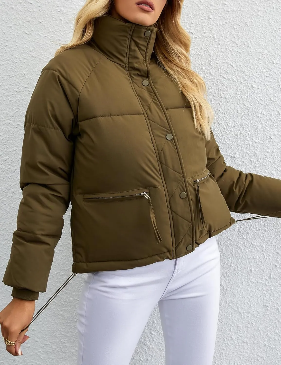 Arssm Womens Zip Up Stand Collar Crop Puffer Jacket Winter Warm Padded Coat Down Jacket Outerwear