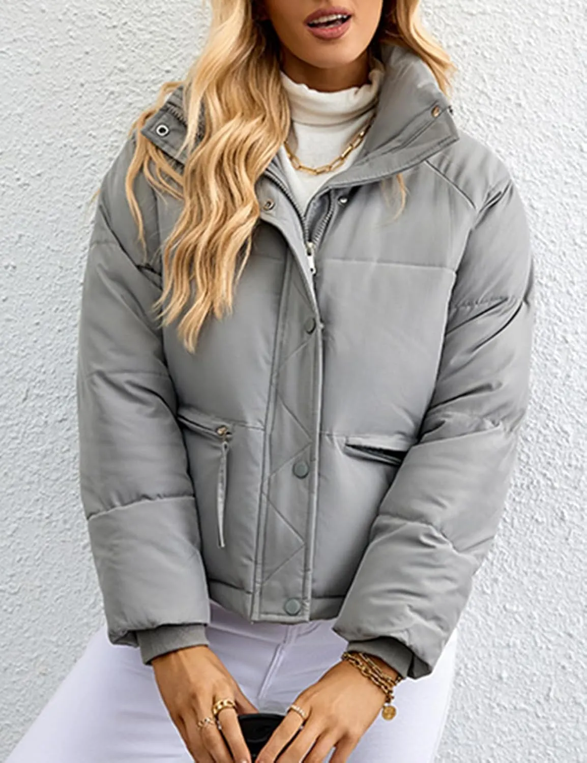 Arssm Womens Zip Up Stand Collar Crop Puffer Jacket Winter Warm Padded Coat Down Jacket Outerwear