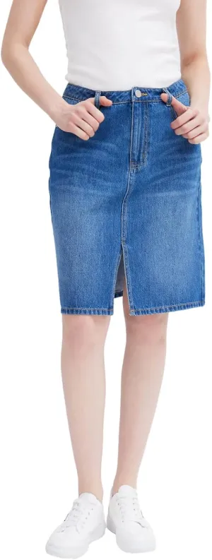 ASSUAL Women's Casual Split Front Denim Skirt High Waist Short Jean Skirts