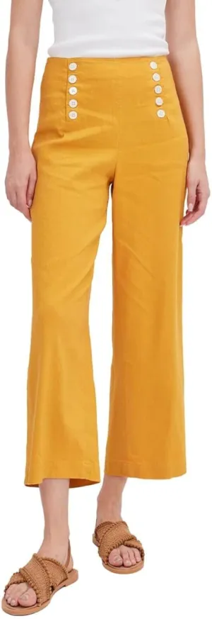 ASSUAL Women's Linen Blend Mid-High Waist Vintage Button Sailor Pants 079