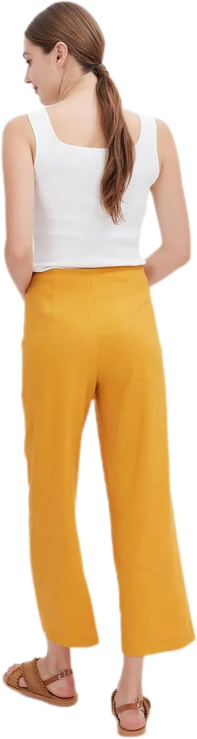 ASSUAL Women's Linen Blend Mid-High Waist Vintage Button Sailor Pants 079