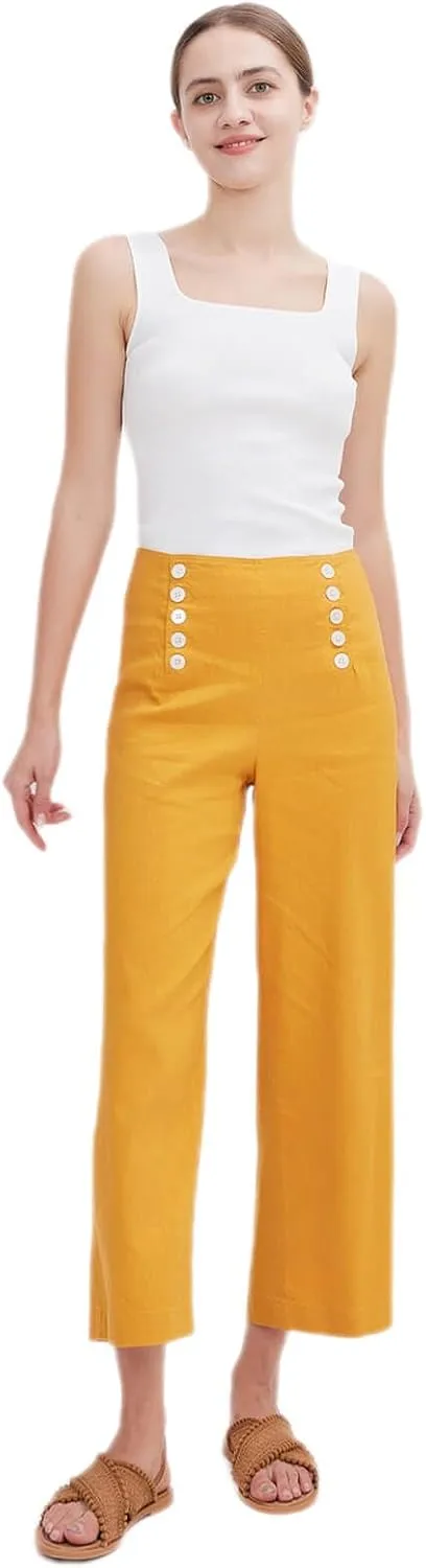 ASSUAL Women's Linen Blend Mid-High Waist Vintage Button Sailor Pants 079
