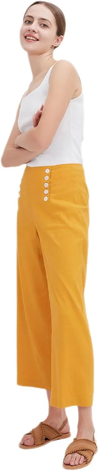 ASSUAL Women's Linen Blend Mid-High Waist Vintage Button Sailor Pants 079