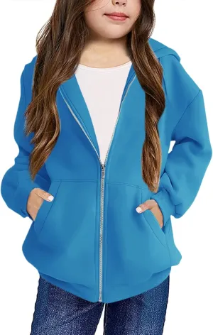 Bingerlily Girls Zip Up Hoodies Long Sleeve Casual Oversized Jackets with Pocket Loose Cute Tops for 4-13 Years
