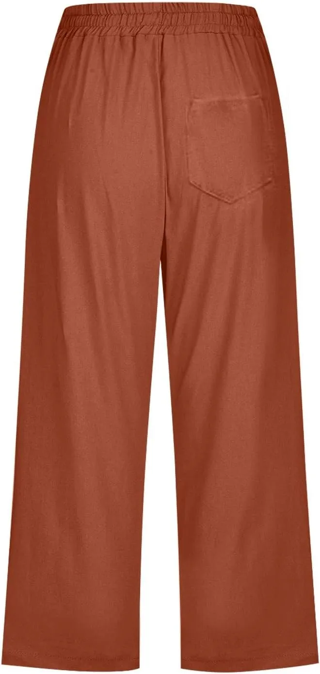 Casual Capris for Women Leg Pants Fashion Drawstring Elastic Trousers Comfy Straight Leg Long Pants with Pockets