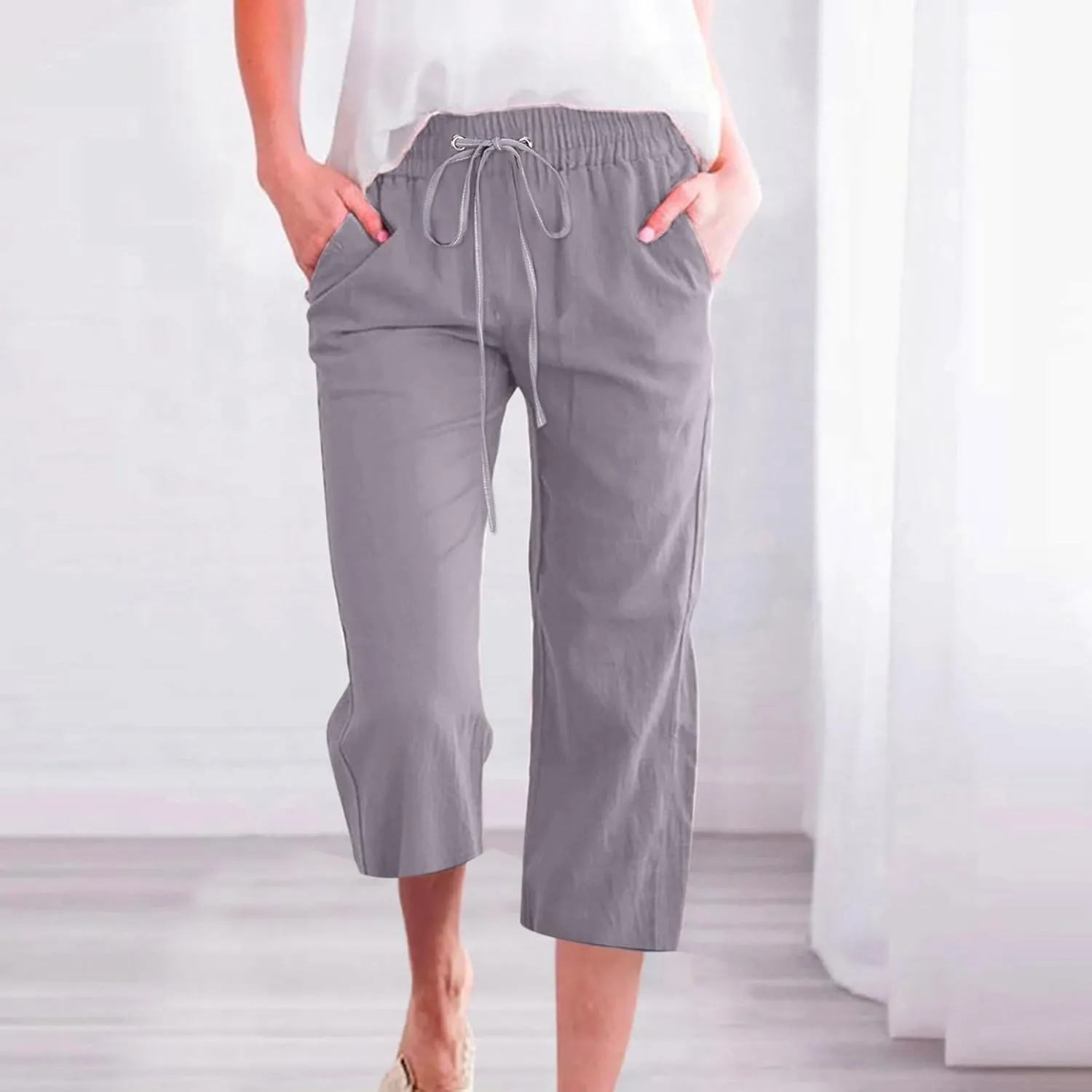 Casual Capris for Women Leg Pants Fashion Drawstring Elastic Trousers Comfy Straight Leg Long Pants with Pockets