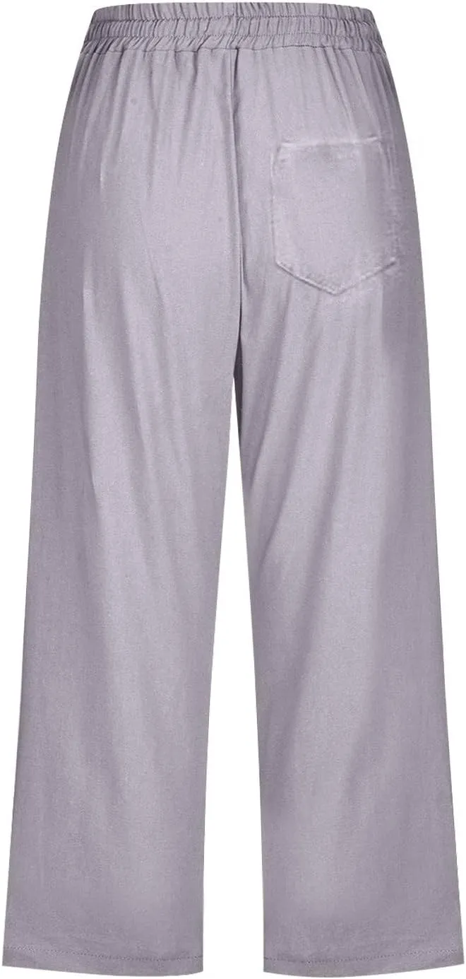 Casual Capris for Women Leg Pants Fashion Drawstring Elastic Trousers Comfy Straight Leg Long Pants with Pockets