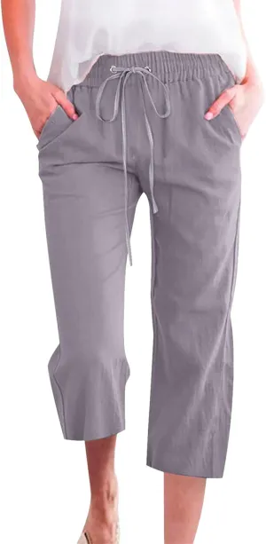 Casual Capris for Women Leg Pants Fashion Drawstring Elastic Trousers Comfy Straight Leg Long Pants with Pockets