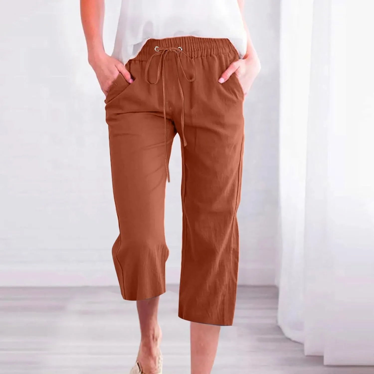 Casual Capris for Women Leg Pants Fashion Drawstring Elastic Trousers Comfy Straight Leg Long Pants with Pockets