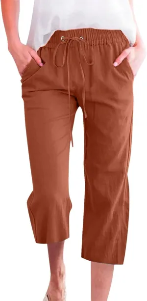 Casual Capris for Women Leg Pants Fashion Drawstring Elastic Trousers Comfy Straight Leg Long Pants with Pockets
