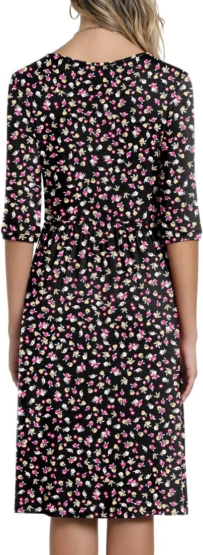CATHY Women's 3/4 Sleeve 2025 Casual High Waist Round Neck Midi Dress with Pockets