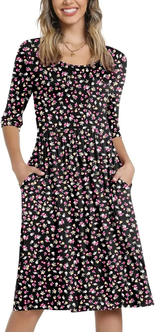 CATHY Women's 3/4 Sleeve 2025 Casual High Waist Round Neck Midi Dress with Pockets