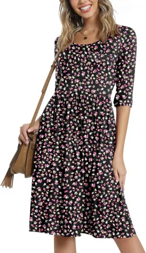 CATHY Women's 3/4 Sleeve 2025 Casual High Waist Round Neck Midi Dress with Pockets