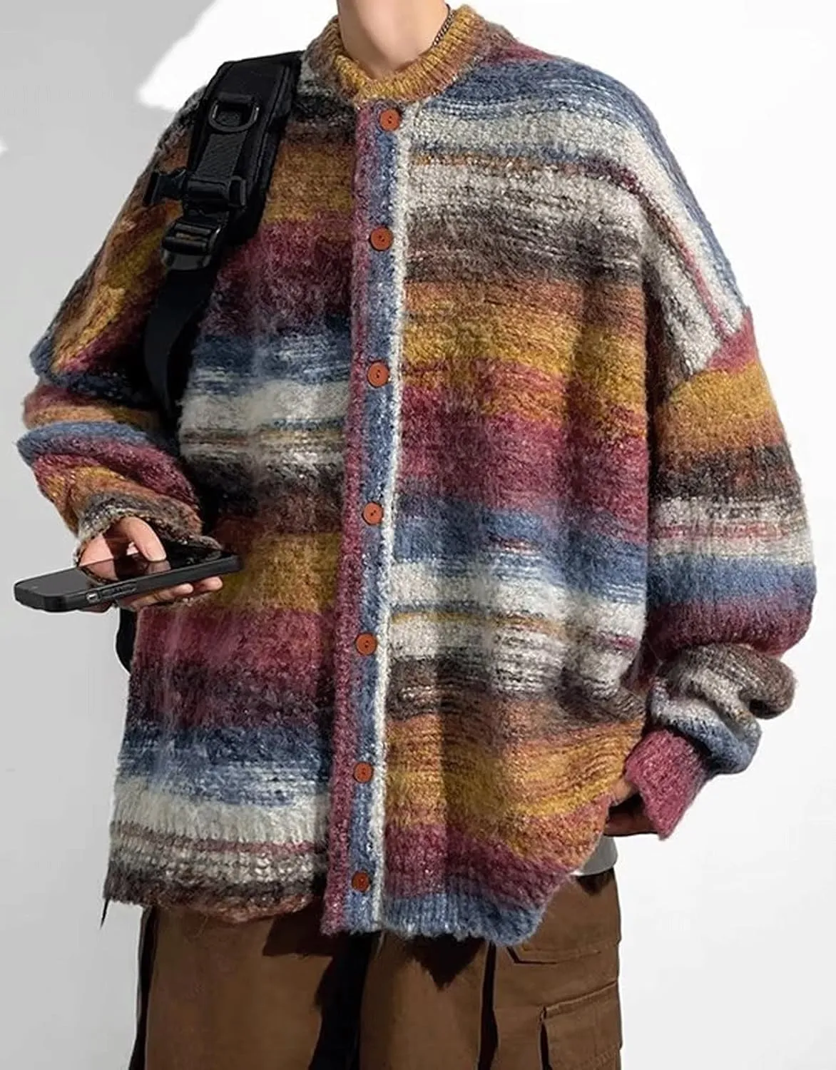 CHARTOU Men's Slouchy Oversized Cardigan Sweater Long Sleeve Button Down Knit Sweater Loose Color Block Top