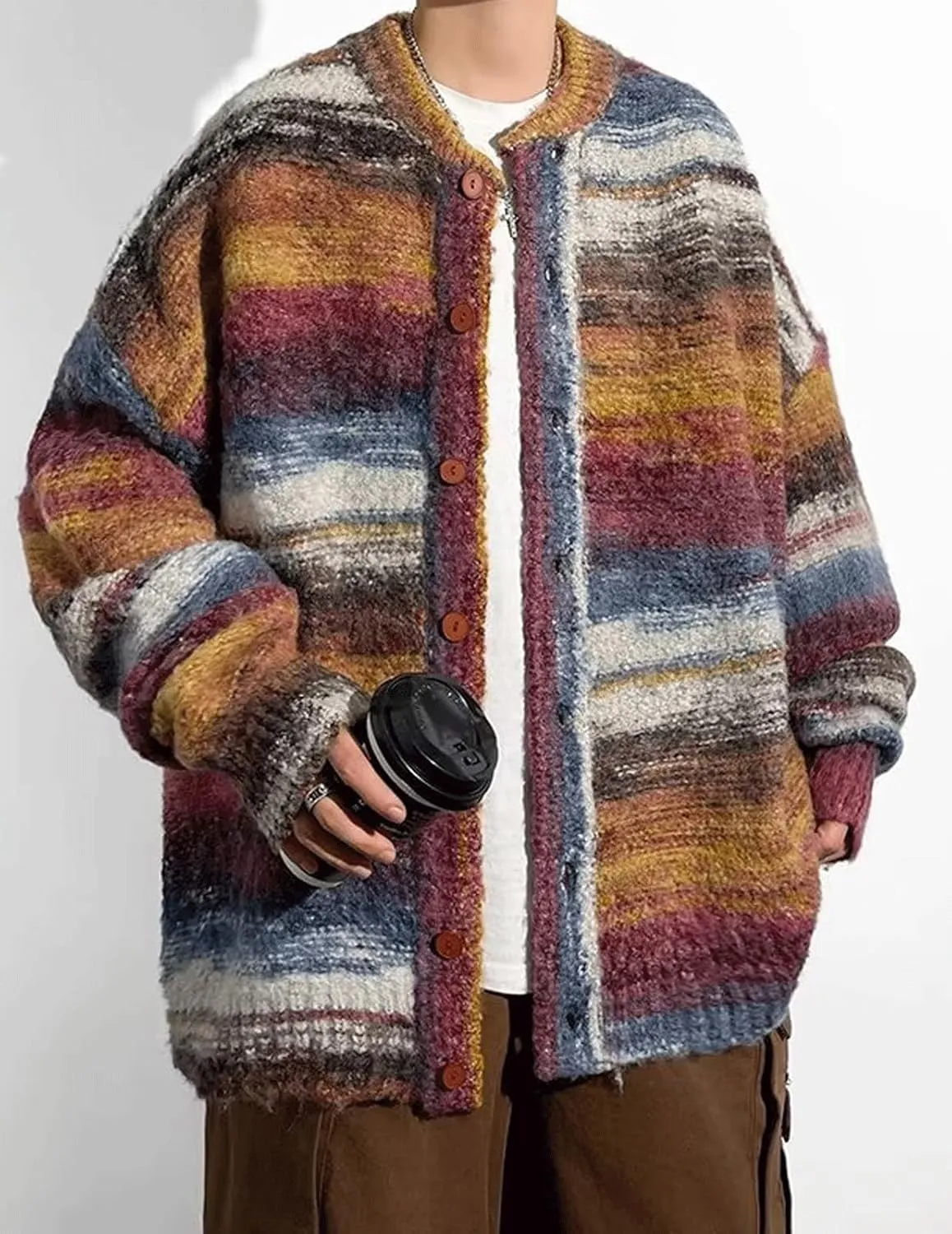 CHARTOU Men's Slouchy Oversized Cardigan Sweater Long Sleeve Button Down Knit Sweater Loose Color Block Top