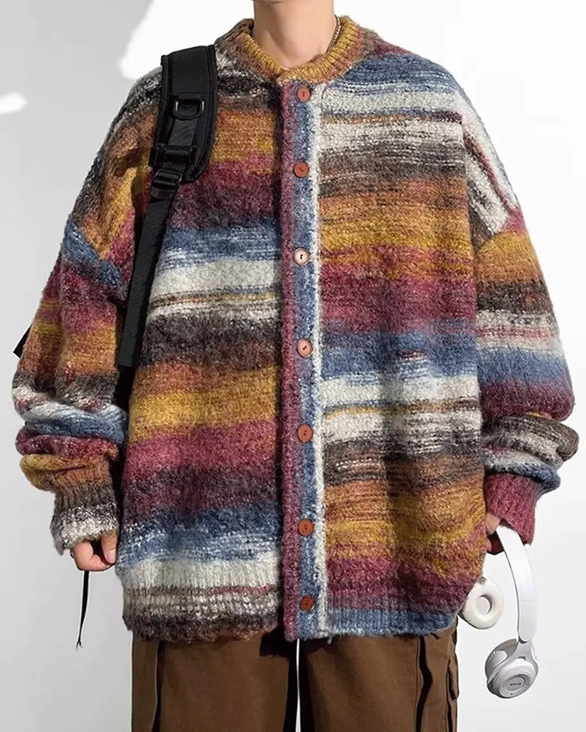 CHARTOU Men's Slouchy Oversized Cardigan Sweater Long Sleeve Button Down Knit Sweater Loose Color Block Top