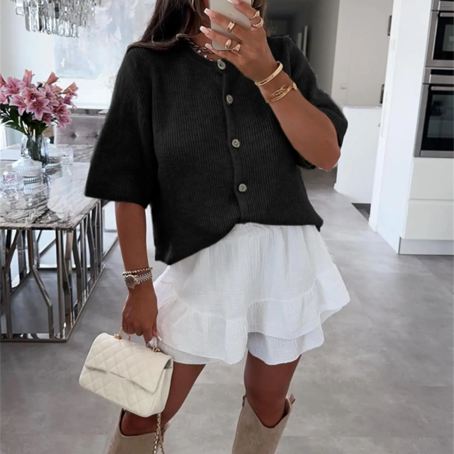 Chevara Womens Cropped Knitted Cardigan Shirt Short Sleeve Button Down Summer Outwear Tops