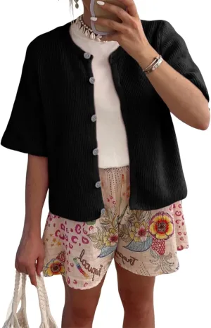 Chevara Womens Cropped Knitted Cardigan Shirt Short Sleeve Button Down Summer Outwear Tops