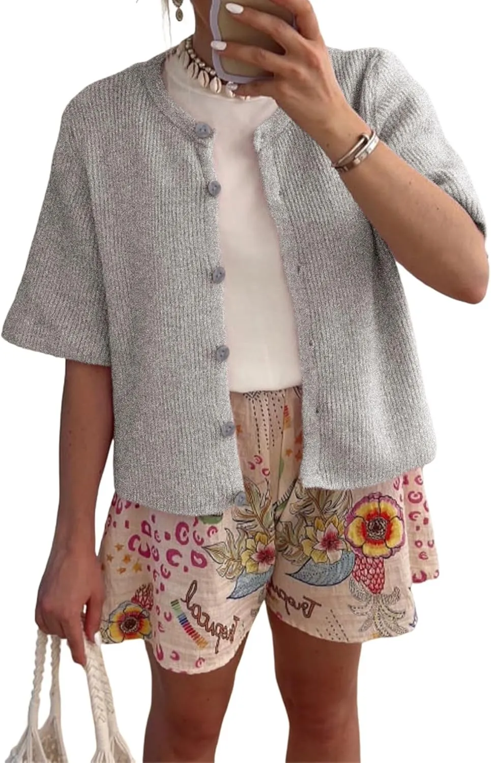 Chevara Womens Cropped Knitted Cardigan Shirt Short Sleeve Button Down Summer Outwear Tops