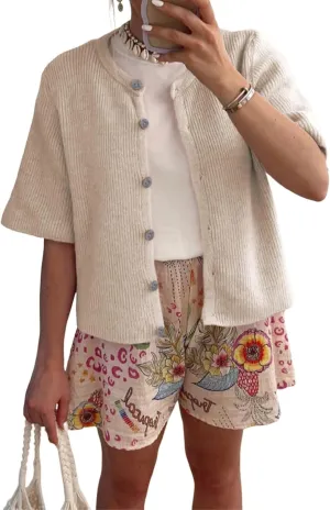 Chevara Womens Cropped Knitted Cardigan Shirt Short Sleeve Button Down Summer Outwear Tops