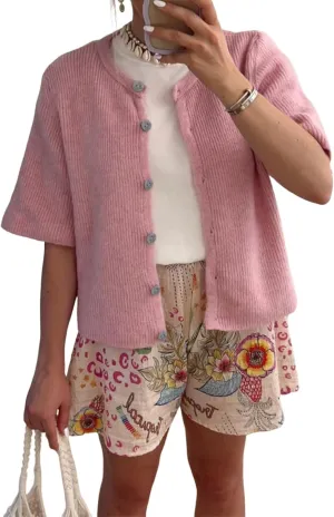 Chevara Womens Cropped Knitted Cardigan Shirt Short Sleeve Button Down Summer Outwear Tops
