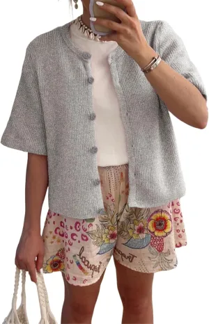 Chevara Womens Cropped Knitted Cardigan Shirt Short Sleeve Button Down Summer Outwear Tops