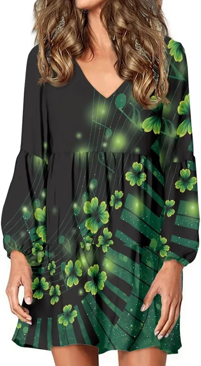 Cozeyat Women Casual Summer Dress Long Sleeve Autumn Flared Midi Dress V-Neck High Waisted Sundress