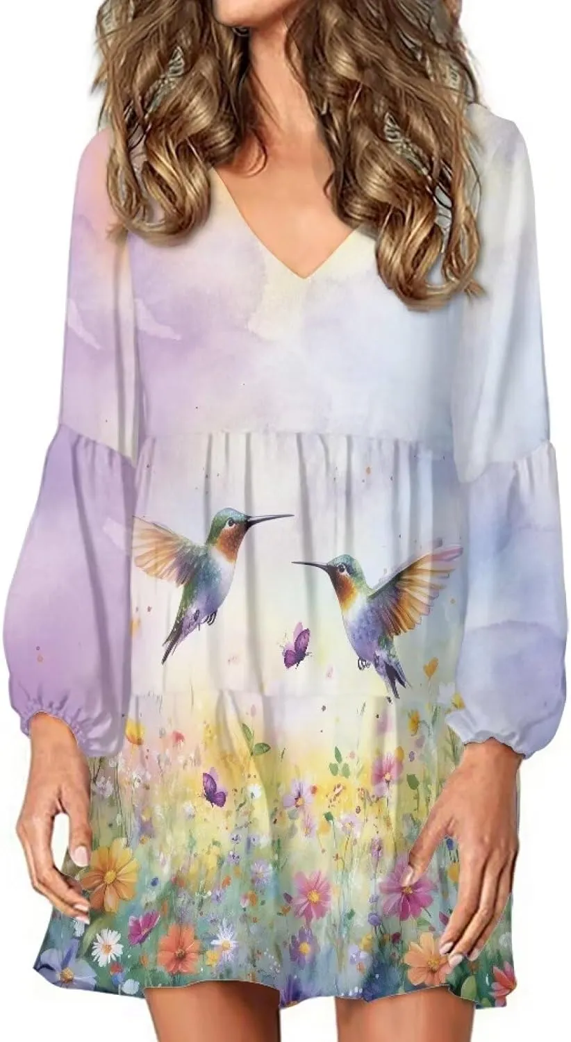 Cozeyat Women Casual Summer Dress Long Sleeve Autumn Flared Midi Dress V-Neck High Waisted Sundress