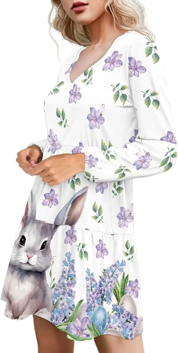 Cozeyat Women Casual Summer Dress Long Sleeve Autumn Flared Midi Dress V-Neck High Waisted Sundress