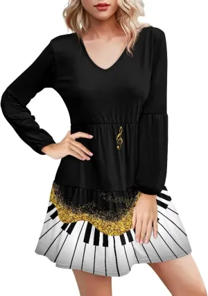 Cozeyat Women Casual Summer Dress Long Sleeve Autumn Flared Midi Dress V-Neck High Waisted Sundress