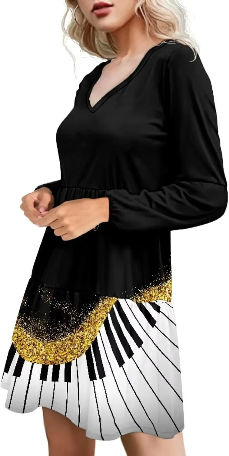 Cozeyat Women Casual Summer Dress Long Sleeve Autumn Flared Midi Dress V-Neck High Waisted Sundress