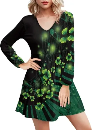 Cozeyat Women Casual Summer Dress Long Sleeve Autumn Flared Midi Dress V-Neck High Waisted Sundress