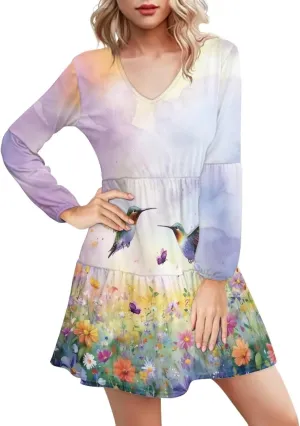 Cozeyat Women Casual Summer Dress Long Sleeve Autumn Flared Midi Dress V-Neck High Waisted Sundress