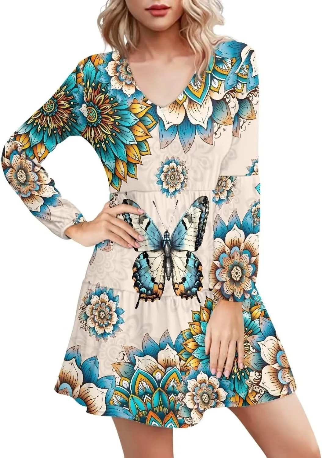 Cozeyat Women's Summer Casual Dresses Long Sleeve Autumn Puffy Dress A-Line Swing Midi Sundress