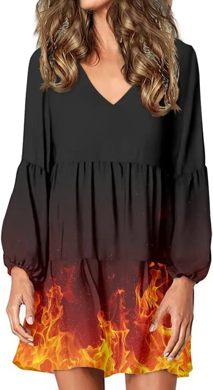 Cozeyat Women's Summer Casual Dresses Long Sleeve Autumn Puffy Dress A-Line Swing Midi Sundress