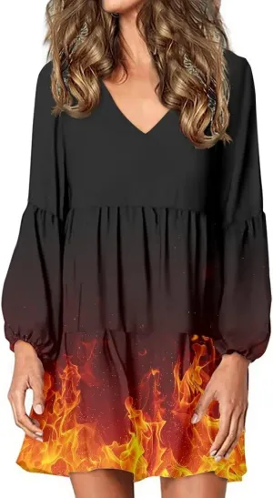 Cozeyat Women's Summer Casual Dresses Long Sleeve Autumn Puffy Dress A-Line Swing Midi Sundress