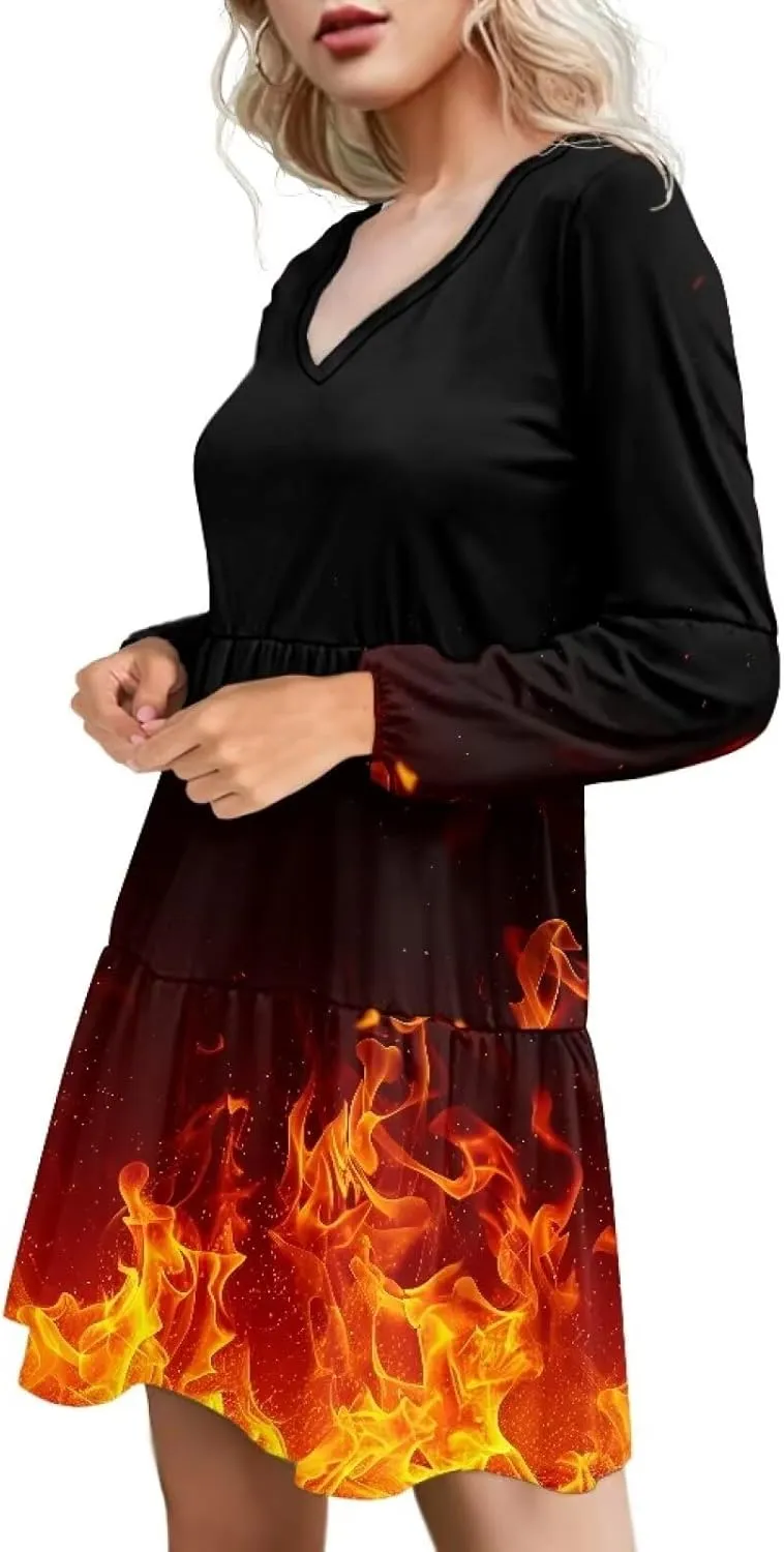 Cozeyat Women's Summer Casual Dresses Long Sleeve Autumn Puffy Dress A-Line Swing Midi Sundress