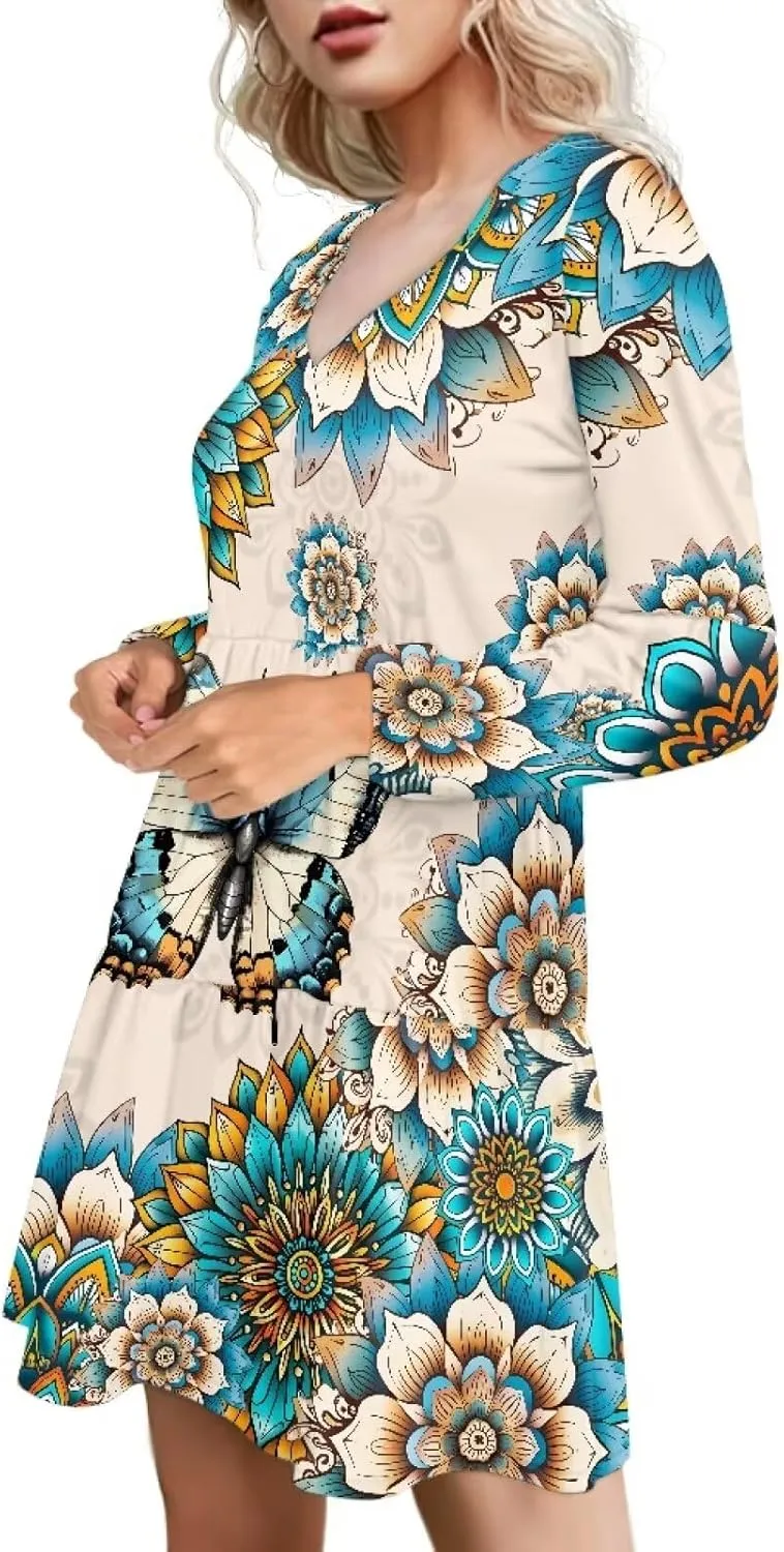 Cozeyat Women's Summer Casual Dresses Long Sleeve Autumn Puffy Dress A-Line Swing Midi Sundress
