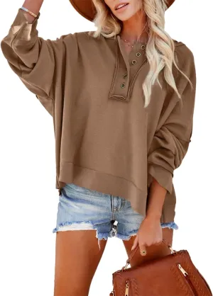 Cropped Trendy Hoodies For women V Neck Button Long Sleeve Lightweight Sweatshirts Casual Loose Pullover Tops 2025 New