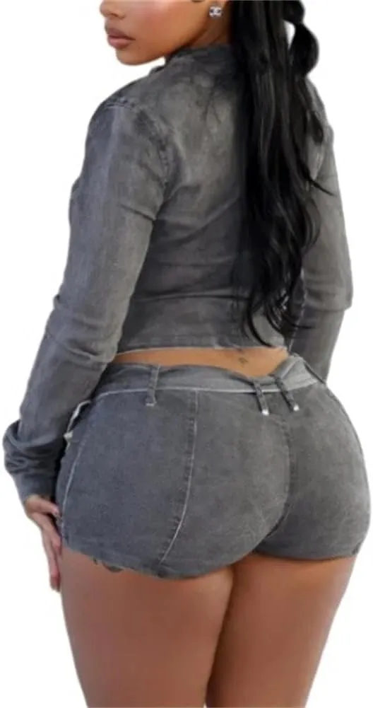 cu4eve Sexy Denim Set For Women 2 Piece Outfits Bodycon Long Sleeve Jackets And Skinny Jeans Shorts Sets Going Out Jumpsuit